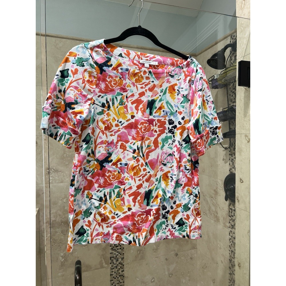 Chicos Women 1 M Multicolor Floral Pima Cotton Slub Tee Button Back Blouse